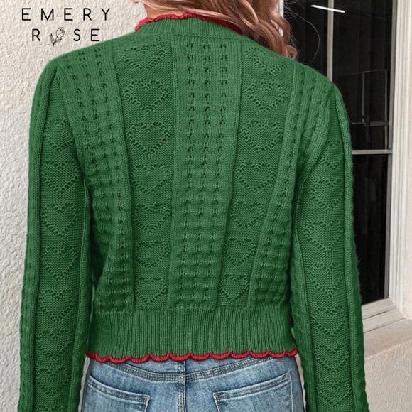 Green Cardigan Sweater with Red Trim - Picture 2 of 7